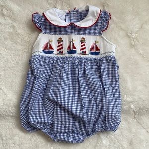 NWOT Vive Le Fete Nautical Sailboat smocked bubble (12 months)